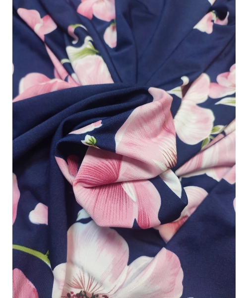 Granatowa elastyczna dzianina Jersey - różowe orchidee